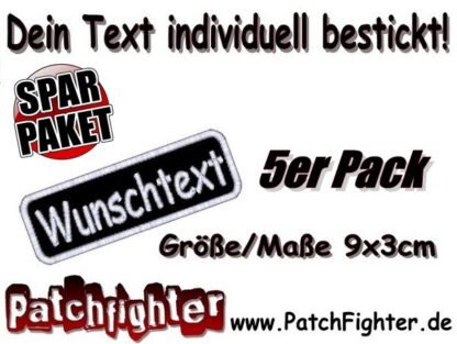 WUNSCHTEXT Dein Text bestickt Patch Aufnäher Abgerundet 5er Pack Sparpaket 9x3cm